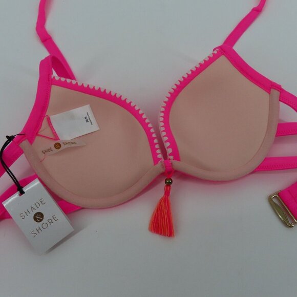 Shade & Shore Womens 34B Neon Pink Embroidered Trim Tassel Halter Bikini Top NEW - Picture 5 of 9
